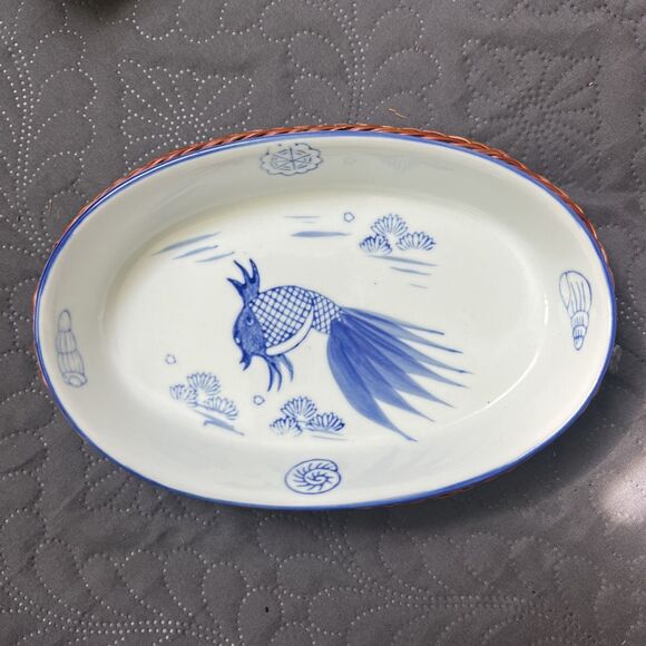 Vintage Rare 6pc Ceramic Fish Seashell Oval Bowl in Wicker Basket Hand Painted - Picture 6 of 8